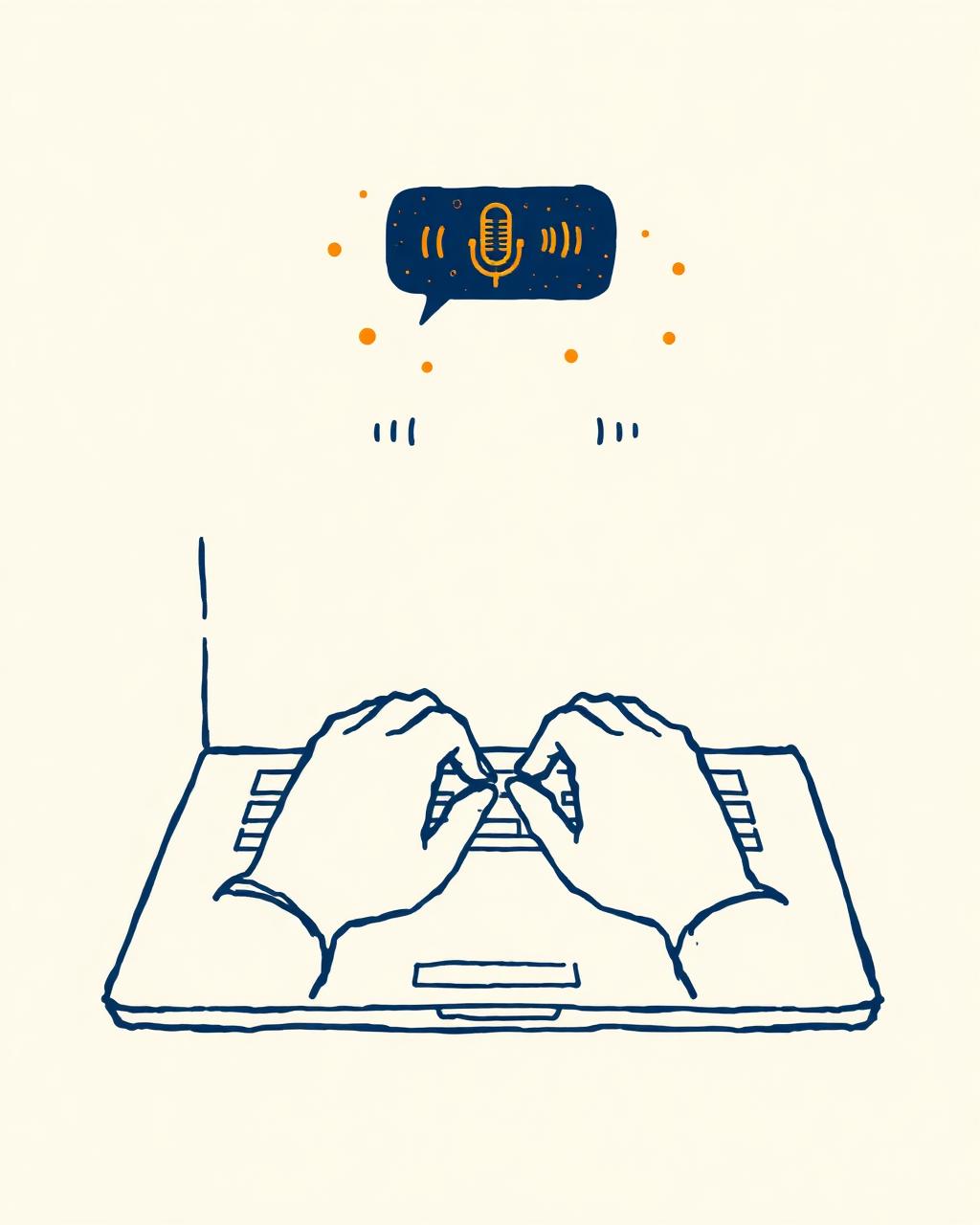 Hands typing on a laptop with AI chat and voice icons