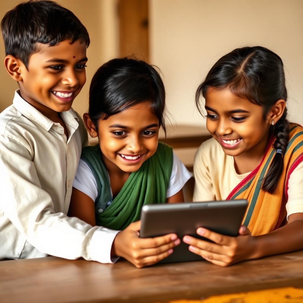 Young Indian primary school children exploring a tablet together