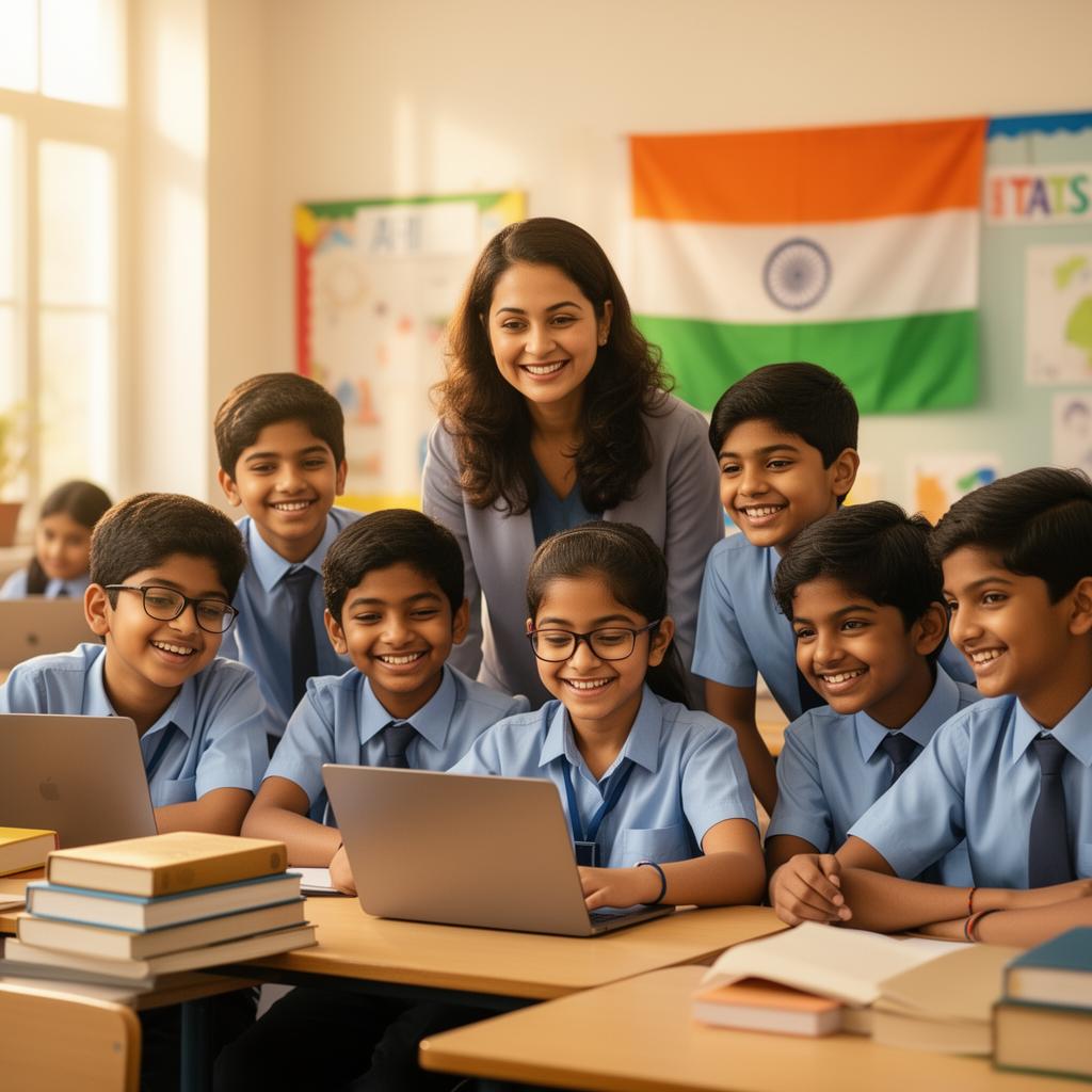 Indian teacher and diverse school students smiling around a laptop