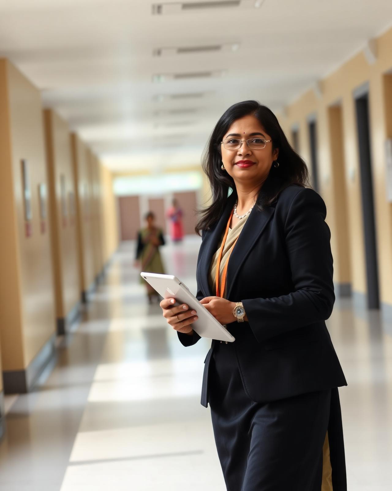 Indian school principal in a school corridor holding a tablet