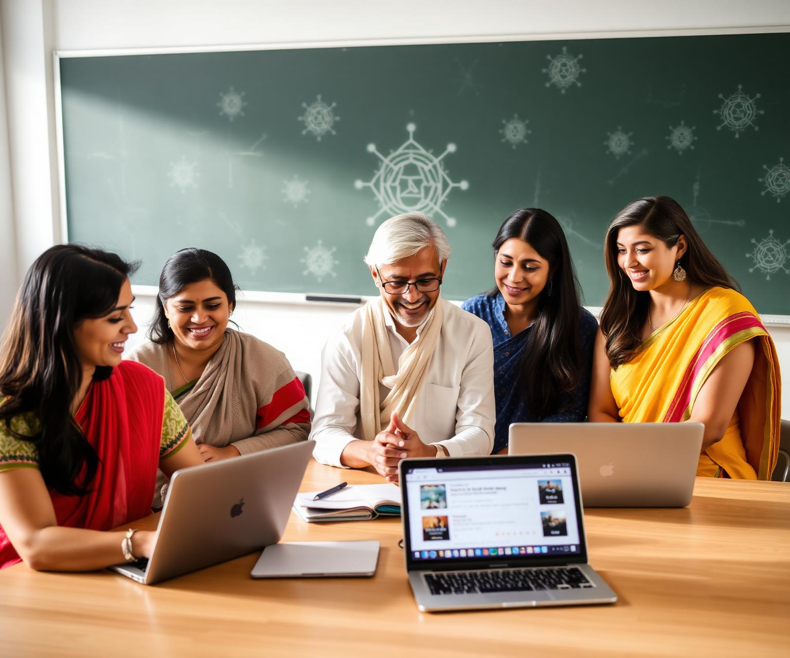 Indian teachers collaborating around laptops using AI tools for lesson planning