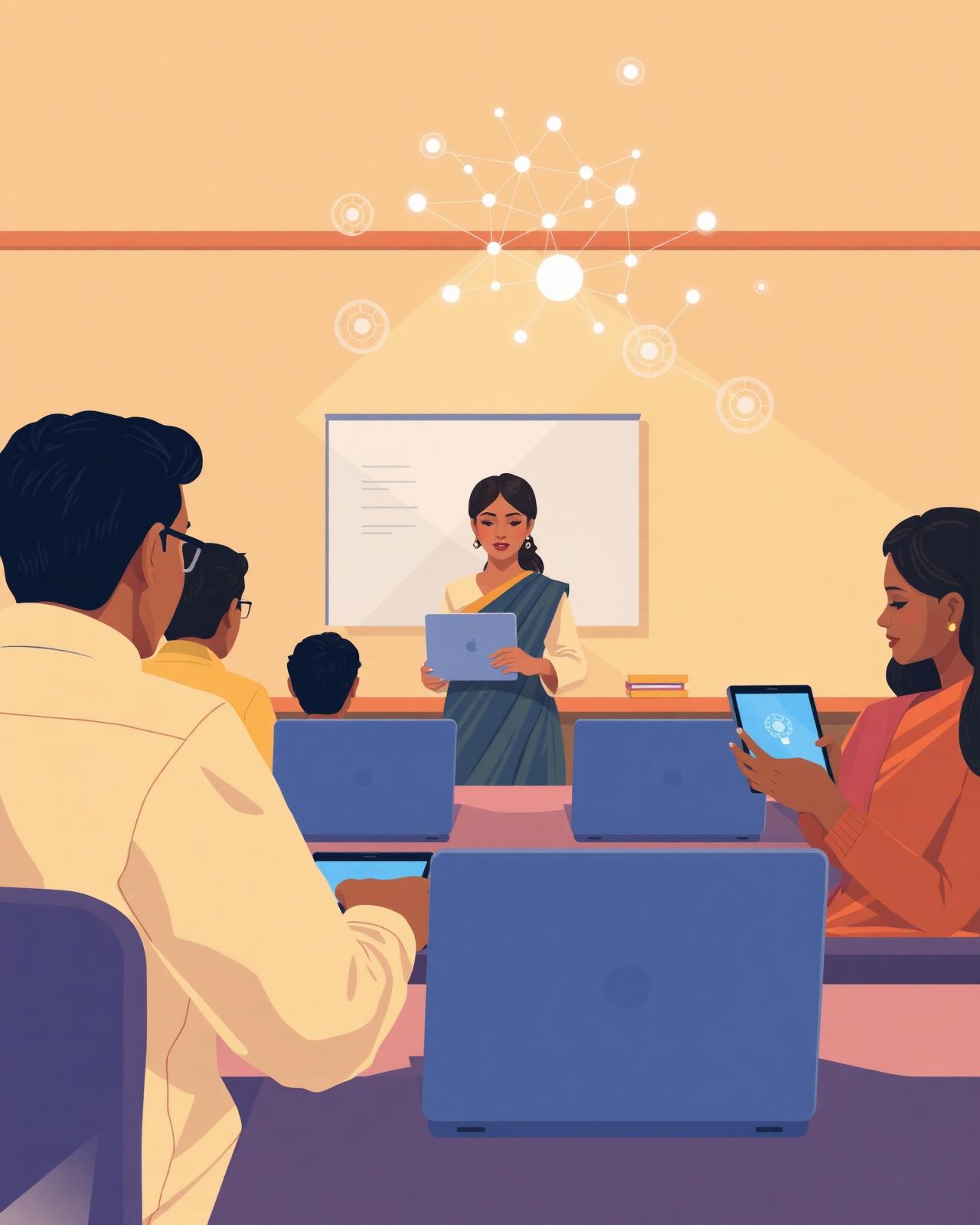 Indian classroom with students and a teacher using AI-powered learning tools