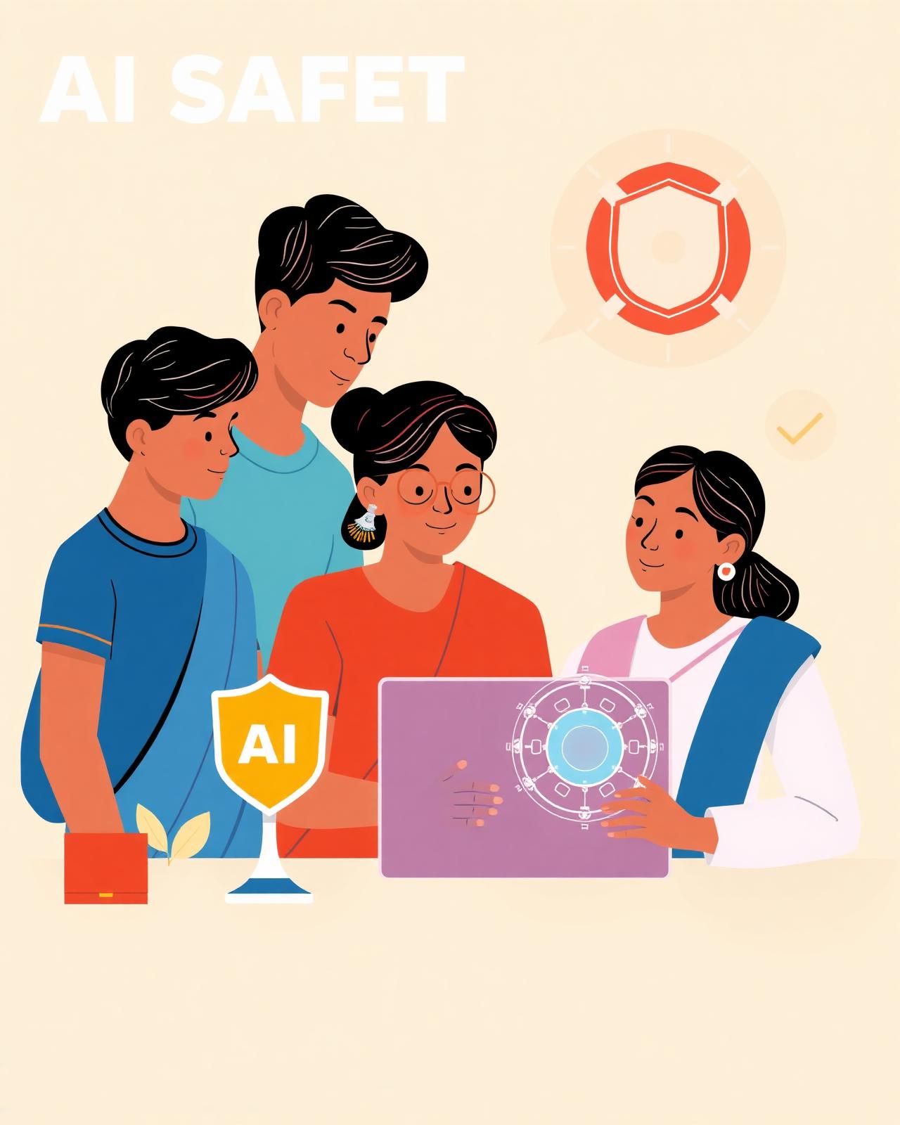 Students and a teacher reviewing AI outputs together with a safety shield motif