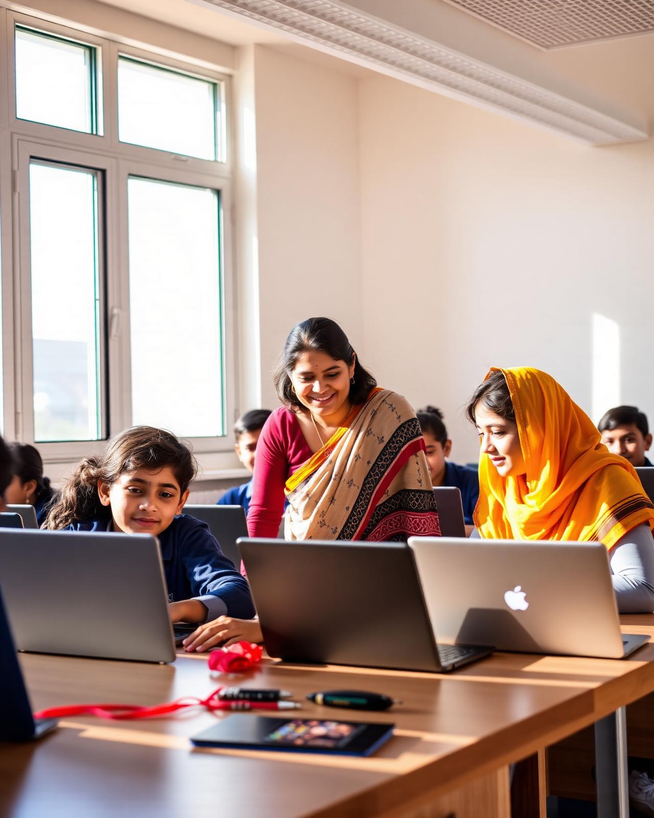 Indian school classroom with students and teacher exploring AI on laptops