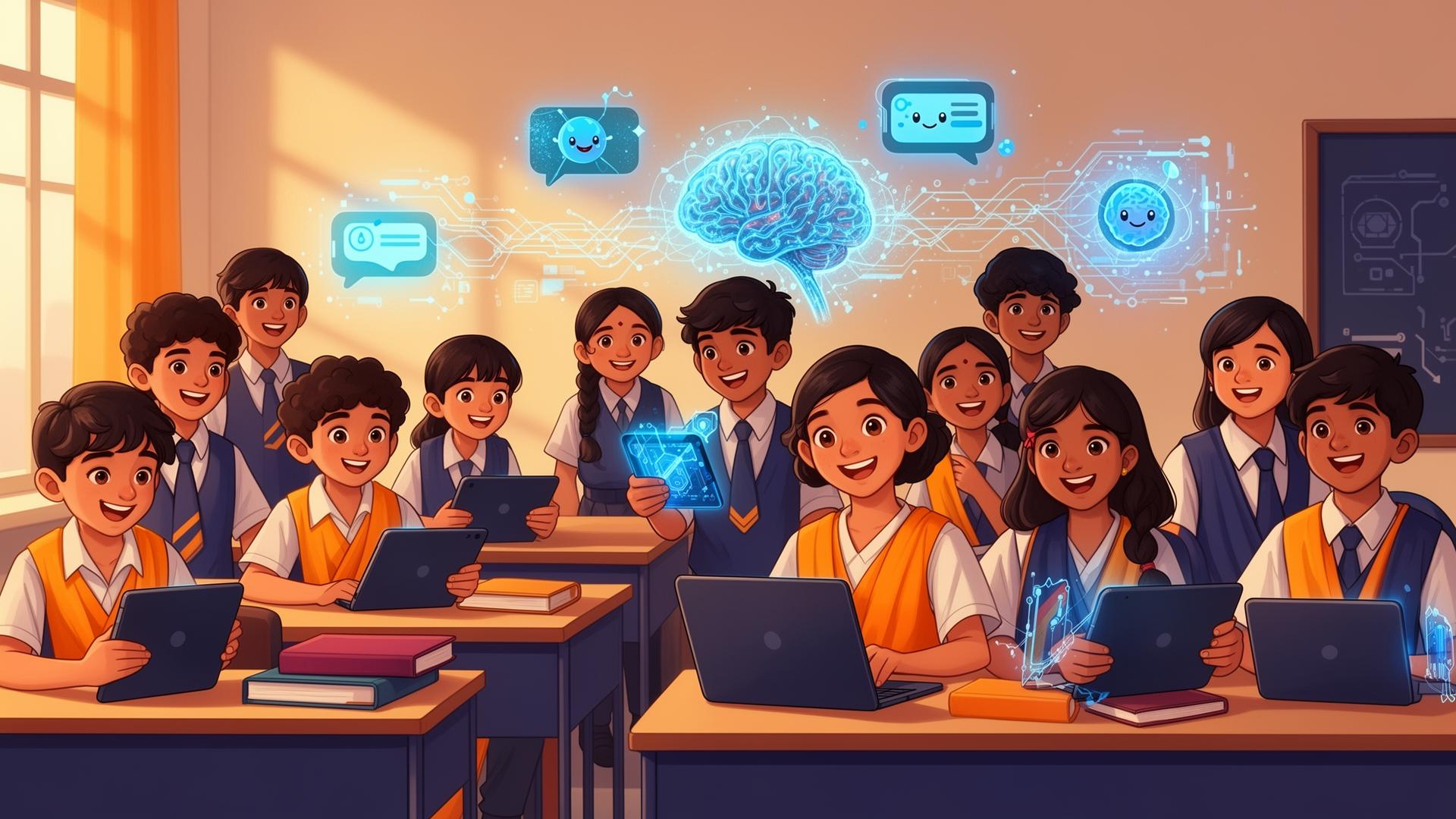 Illustration of students learning AI safely with interactive activities
