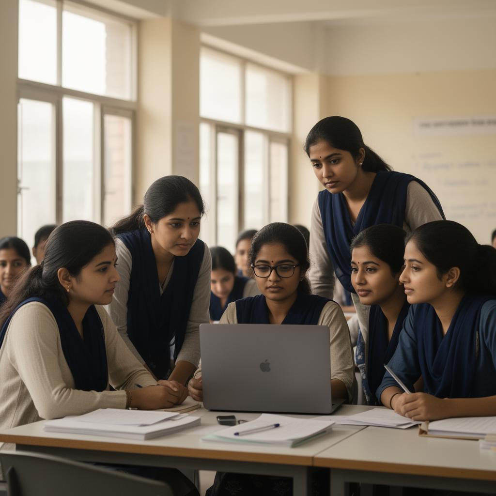 Indian teachers in a professional training workshop around a laptop
